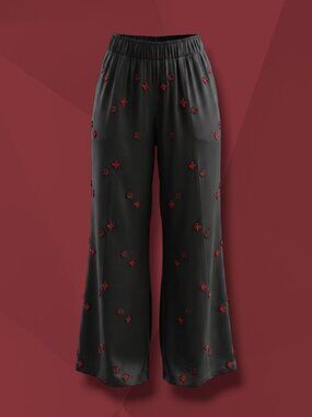Johnny Was Workshop Embroidered Silk Blend High Rise Wide Elastic Pull On Pants